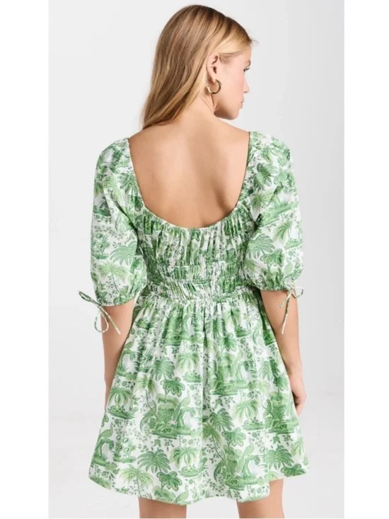 Staud Faye Puff Sleeve Mini Dress Green Tropical Toile Chinoiserie Print Small - Picture 2 of 14